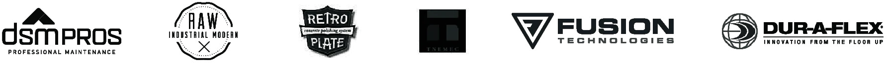 Product and manufacturer logos: dsmPROS, RAW Industrial Modern, RetroPlate, Tnemec, Fusion Technologies and Dur-A-Flex
