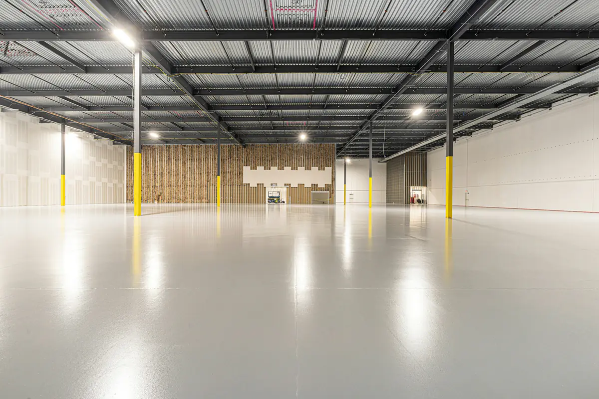 Open warehouse with a polished concrete floor