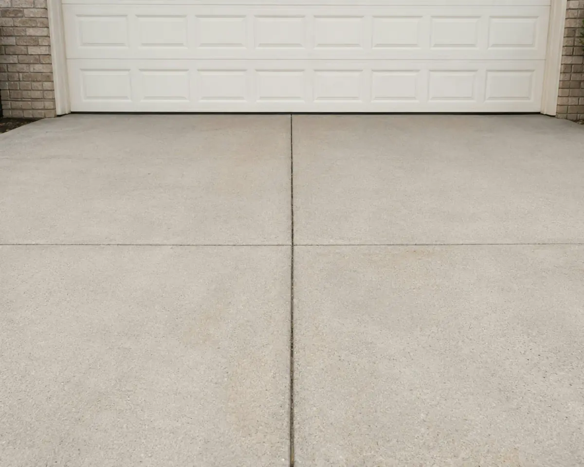 Concrete driveway running up to a residential garage door