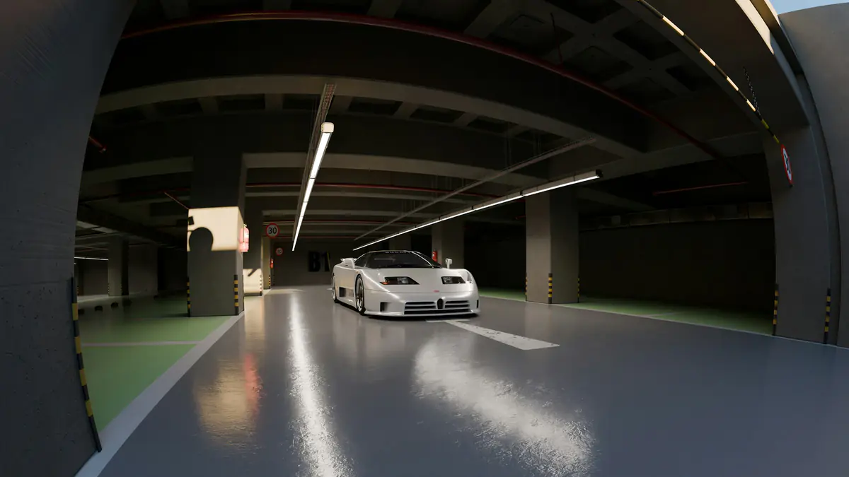 Car parked on a coated floor in a modern garage