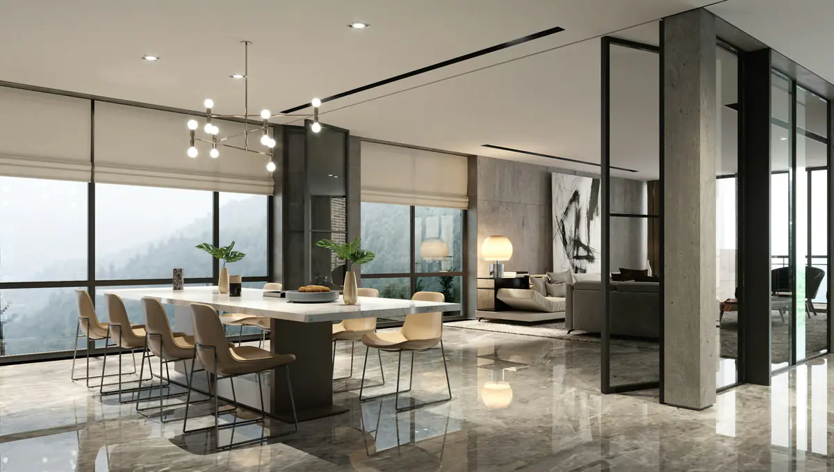 Living space with a polished concrete floor and a mountain view