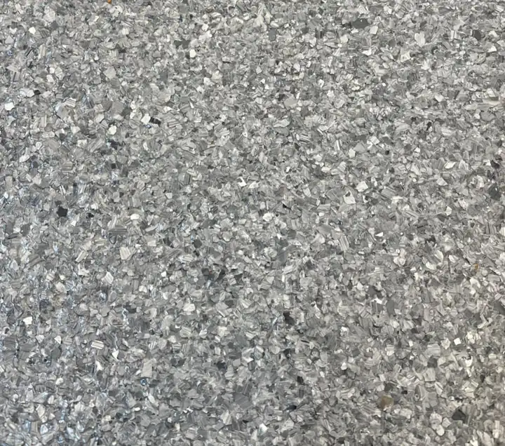 Basalt epoxy flake blend: fine silver and mid-grey flake with a soft metallic sheen