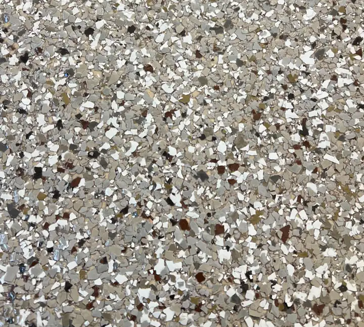 Creekbed epoxy flake blend: cream and taupe flake accented with rust, olive and dark brown