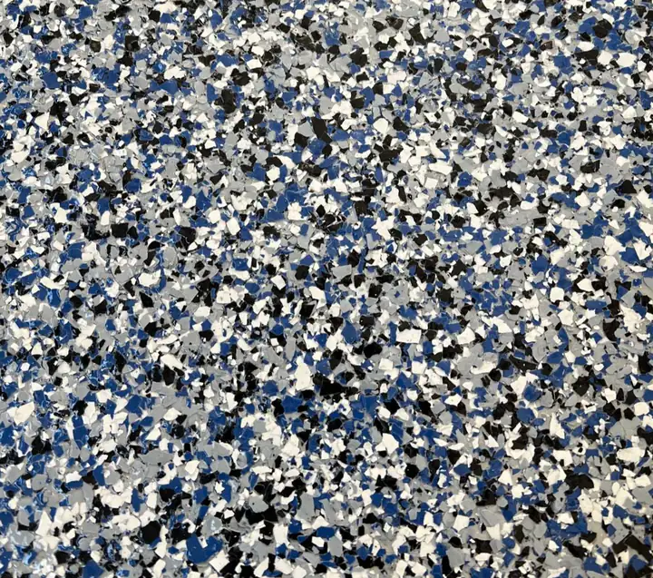 Denim epoxy flake blend: slate-blue flake carried through white, light grey and black chips