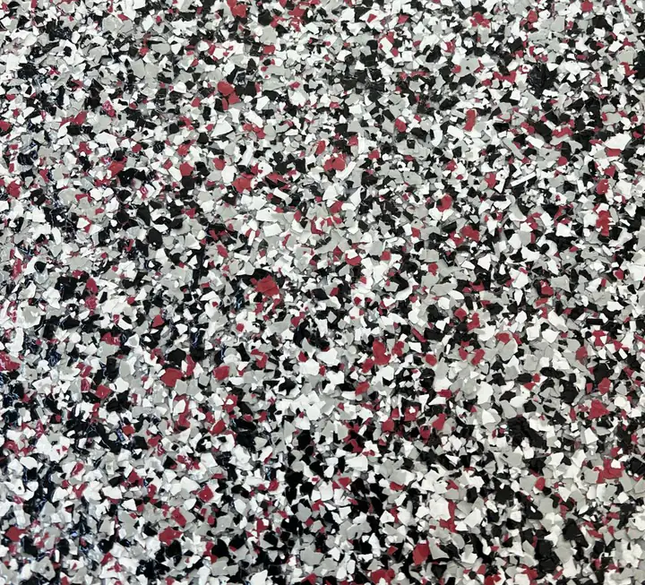 Red Rocks epoxy flake blend: white and grey flake with heavy black and a run of brick red