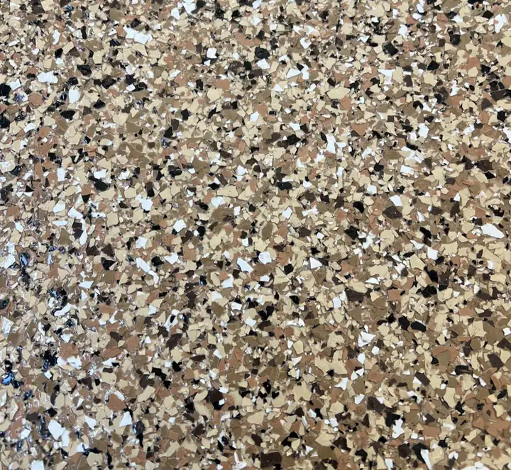 Saddle Tan epoxy flake blend: coarse cream and tan chip with chocolate and copper browns
