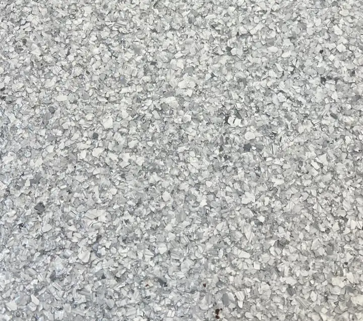 Schist epoxy flake blend: pale silver-grey blend that reads almost white with a cool cast