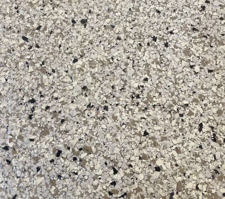 Tan epoxy flake blend: sandy cream and beige flake with khaki-brown and warm grey